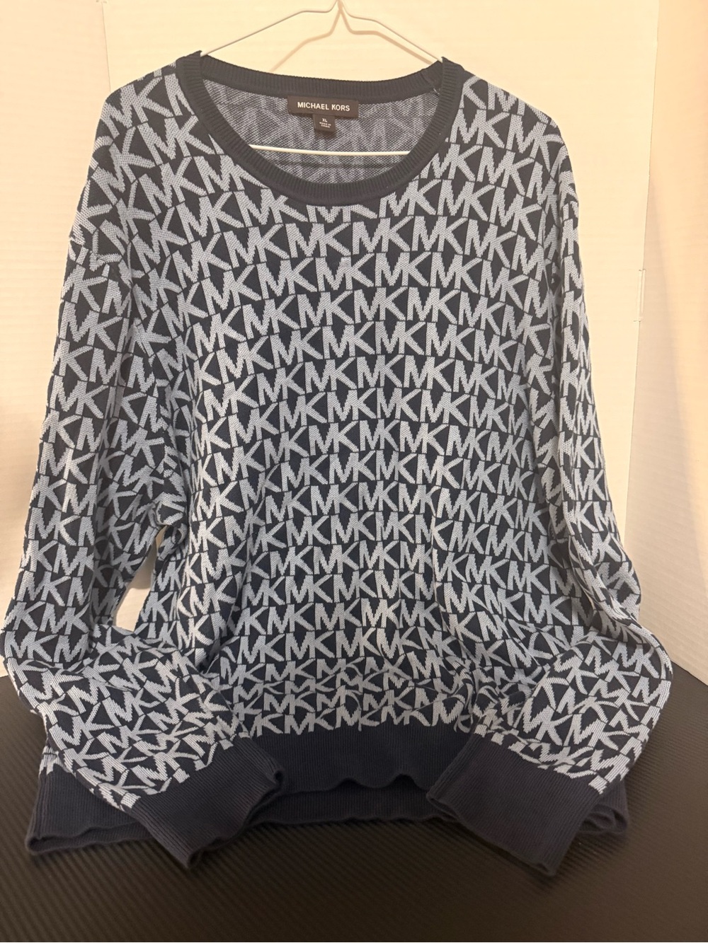 Michael Kors Navy & Light Blue All-Over MK Logo Crewneck Sweater
